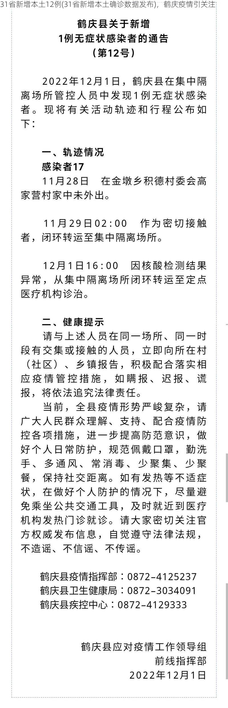 31省新增本土12例(31省新增本土确诊数据发布)，鹤庆疫情引关注